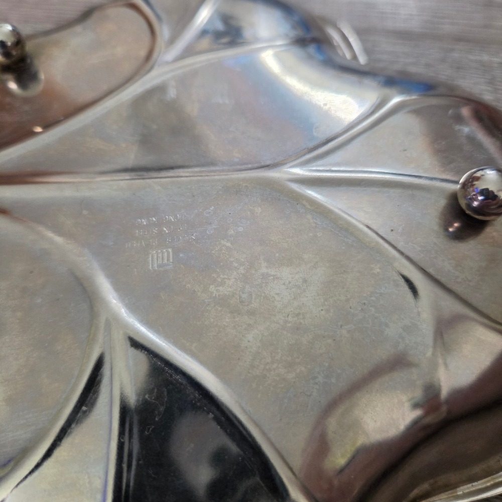 Vintage Silver Plated Leaf Dish Grape Handle Footed Trinket Bowl Hong Kong 9.5" - Picture 8 of 16